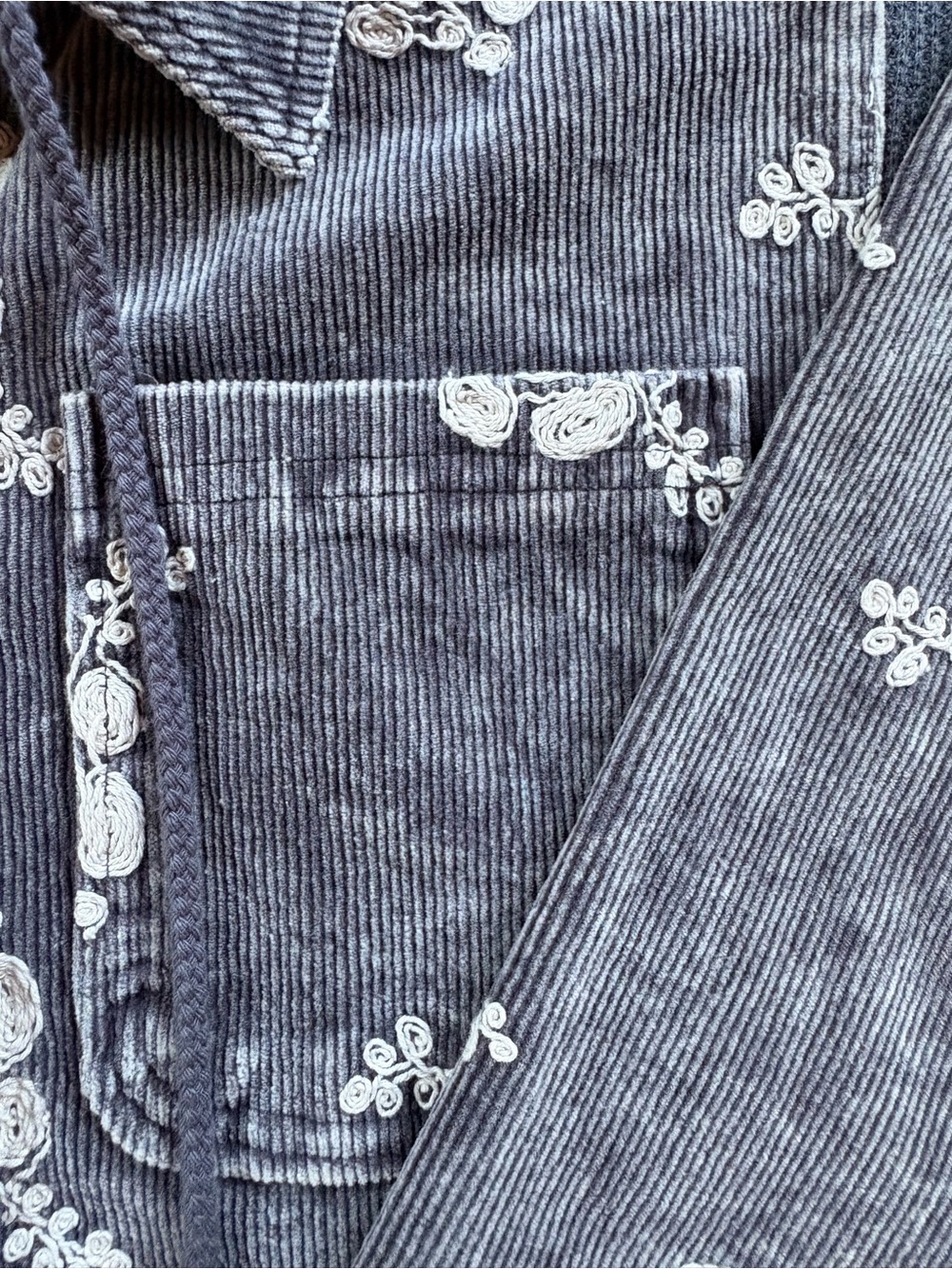 Blue Gray Floral Hooded Corduroy Shacket - Picture 5 of 9
